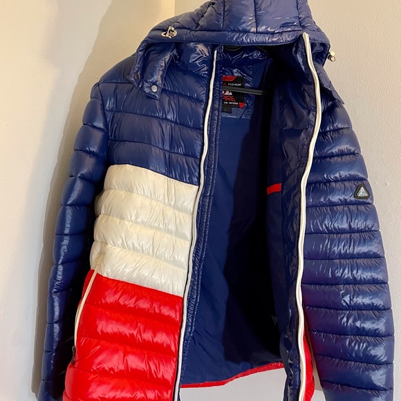 Mens Color Block Puffer Jacket Size Large Red White Blue - Picture 4 of 11